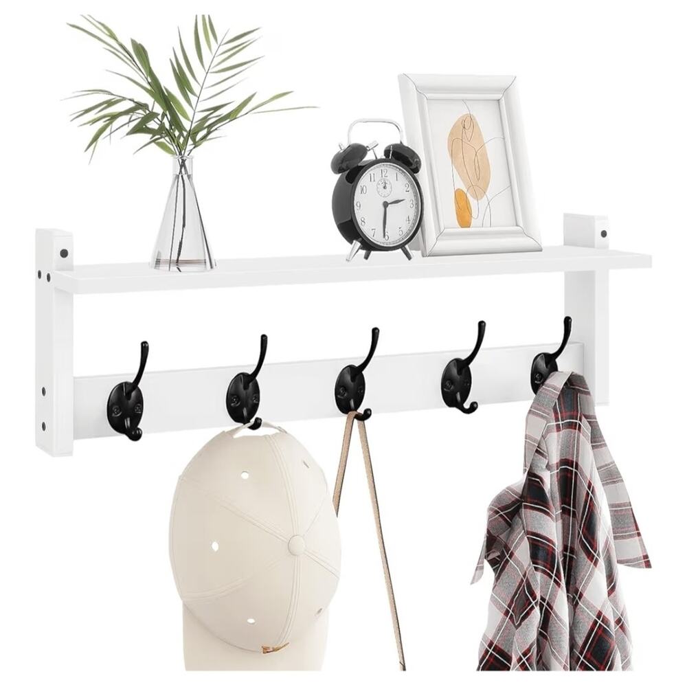 Wall Mount Coat Rack with Shelf 5 Hooks for Coats Backpacks Keys, White